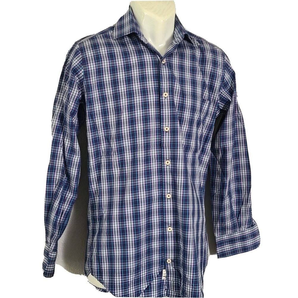 Peter Millar Mens Blue Check Plaid Long Sleeve Button Down Shirt sz S Fitted